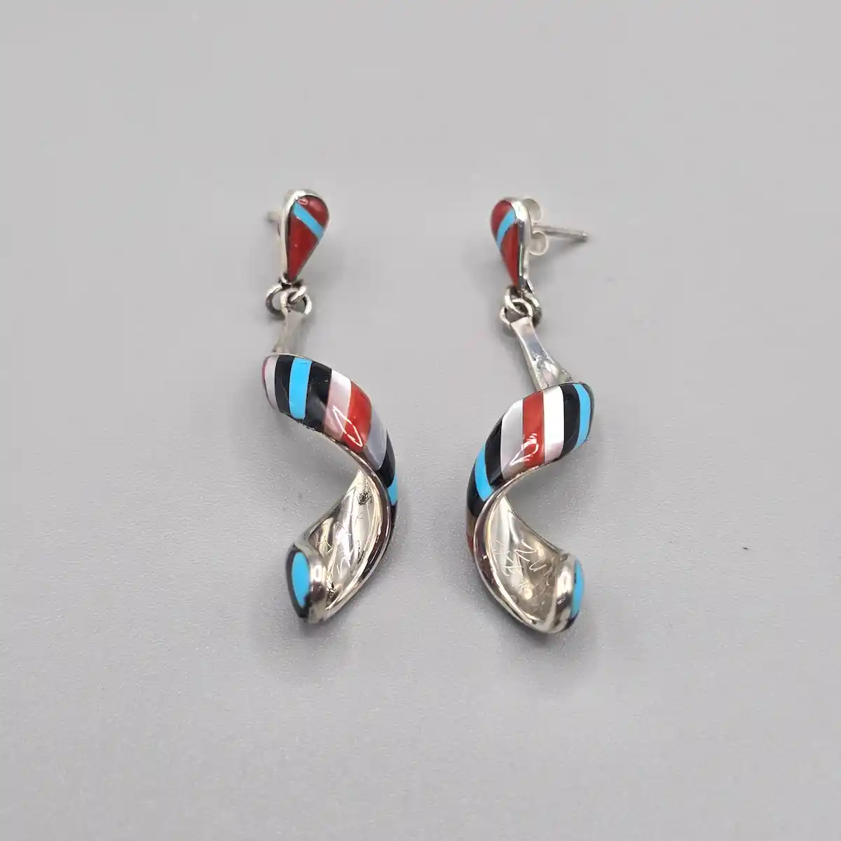 All Tribes Jewelry | Zuni Multi Stone Inlay Striped Earrings