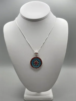 All Tribes Jewelry | Zuni Turquoise & Coral Needlepoint Pendant