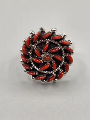 All Tribes Jewelry | Zuni Coral Petit Point Pinwheel Ring
