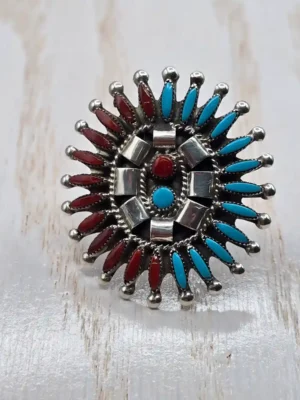 All Tribes Jewelry | Zuni Needlepoint Coral and Turquoise Ring