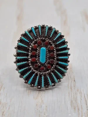 All Tribes Jewelry | Zuni Needlepoint Coral and Turquoise Ring
