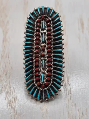 All Tribes Jewelry | Zuni Needlepoint Coral and Turquoise Ring