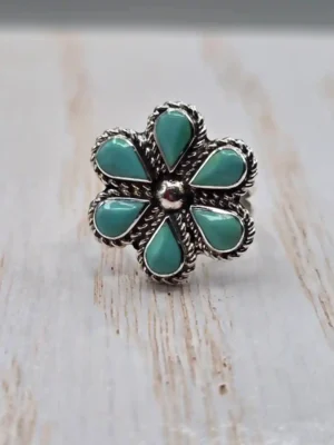 All Tribes Jewelry | Zuni Flower Cluster Kingman Turquoise Ring